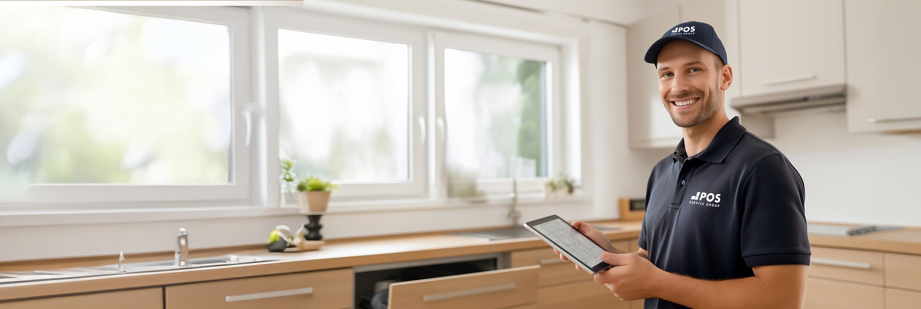 Un technicien souriant portant un uniforme bleu et une casquette se tient dans une cuisine moderne, avec une tablette numérique à la main. La cuisine comporte des armoires en bois, de grandes fenêtres et des plantes en pot sur le comptoir.