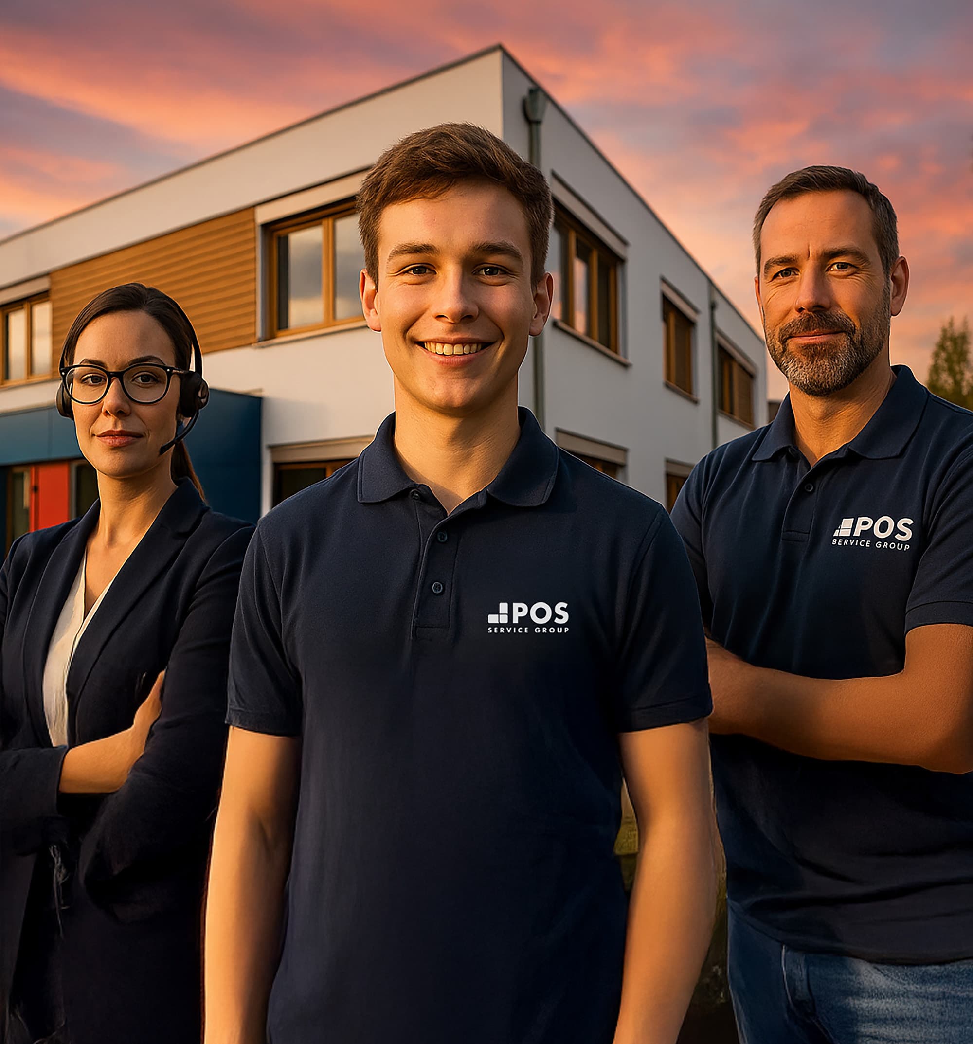 Drie glimlachende professionals in uniformen van de POS Service Group staan zelfverzekerd buiten een modern gebouw bij zonsondergang, met een vrouw in een headset en twee mannen in marineblauwe poloshirts.
