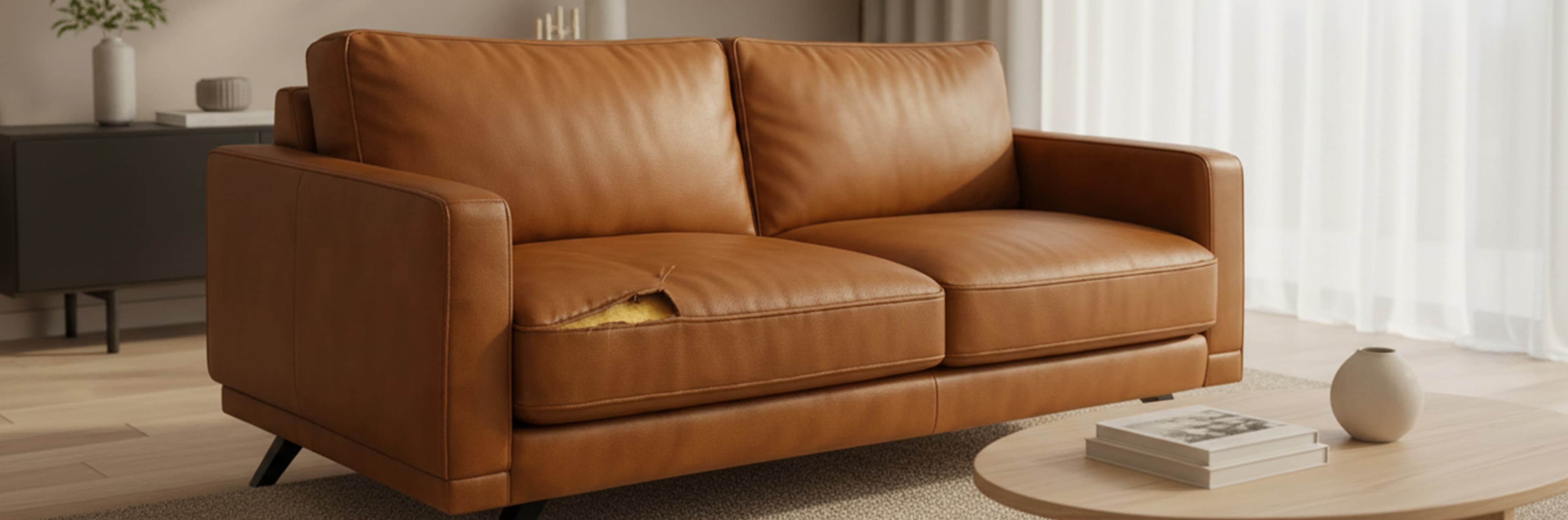 Ein braunes Ledersofa mit einem deutlichen Riss im linken Sitzkissen steht in einem modernen Wohnzimmer neben einem hellen Couchtisch aus Holz mit einer kleinen Vase und zwei Büchern. Weiße Vorhänge lassen natürliches Licht herein.
