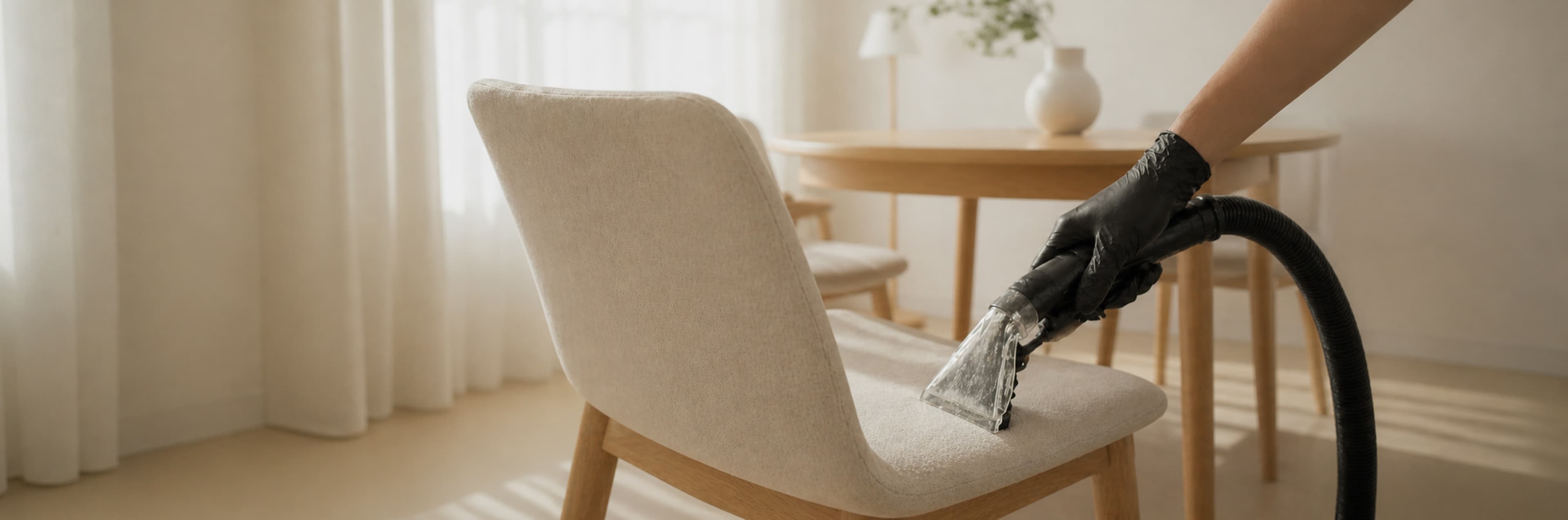 Eine Person mit schwarzen Handschuhen reinigt mit einem Staubsaugeraufsatz einen hellen gepolsterten Stuhl in einem hellen, minimalistischen Esszimmer.