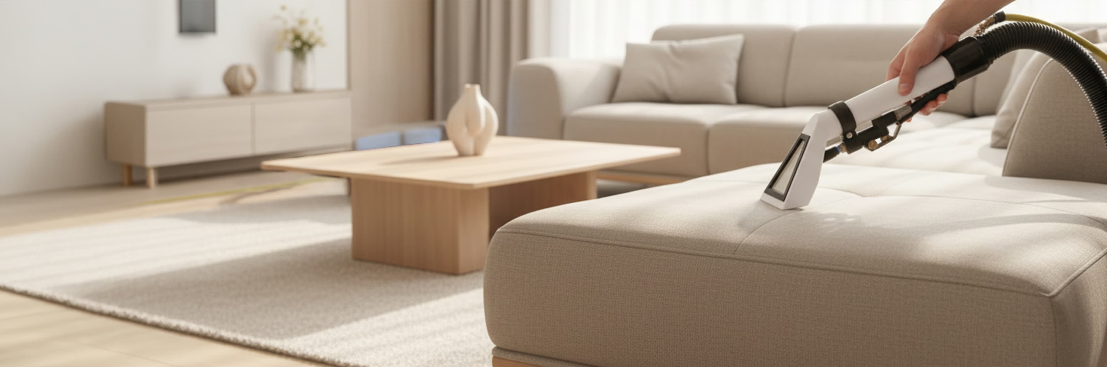 Eine Person verwendet einen Staubsauger, um ein helles Sofa in einem hellen, modernen Wohnzimmer mit neutralem Mobiliar und Dekor zu reinigen.