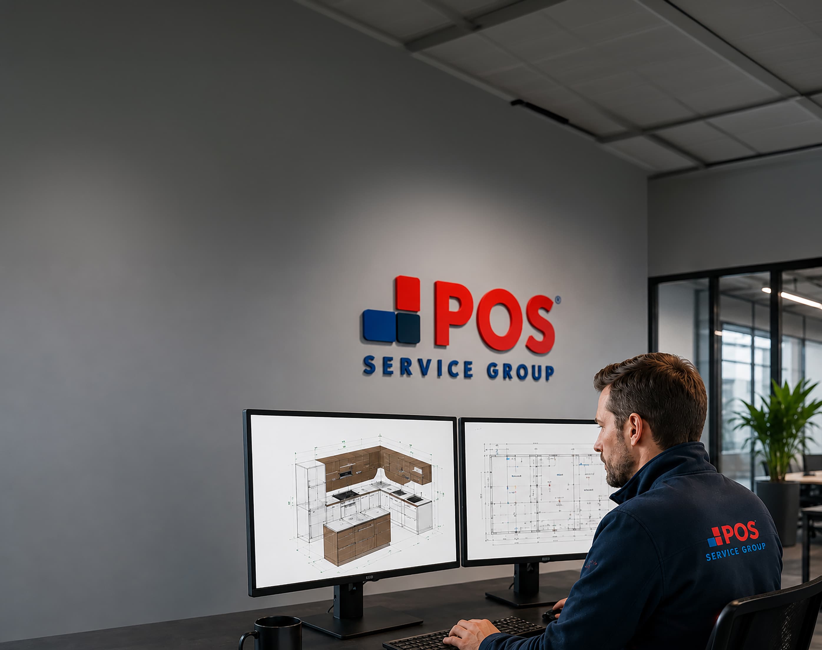 A man in a POS Service Group jacket works at a desk with two monitors displaying architectural designs in a modern office.