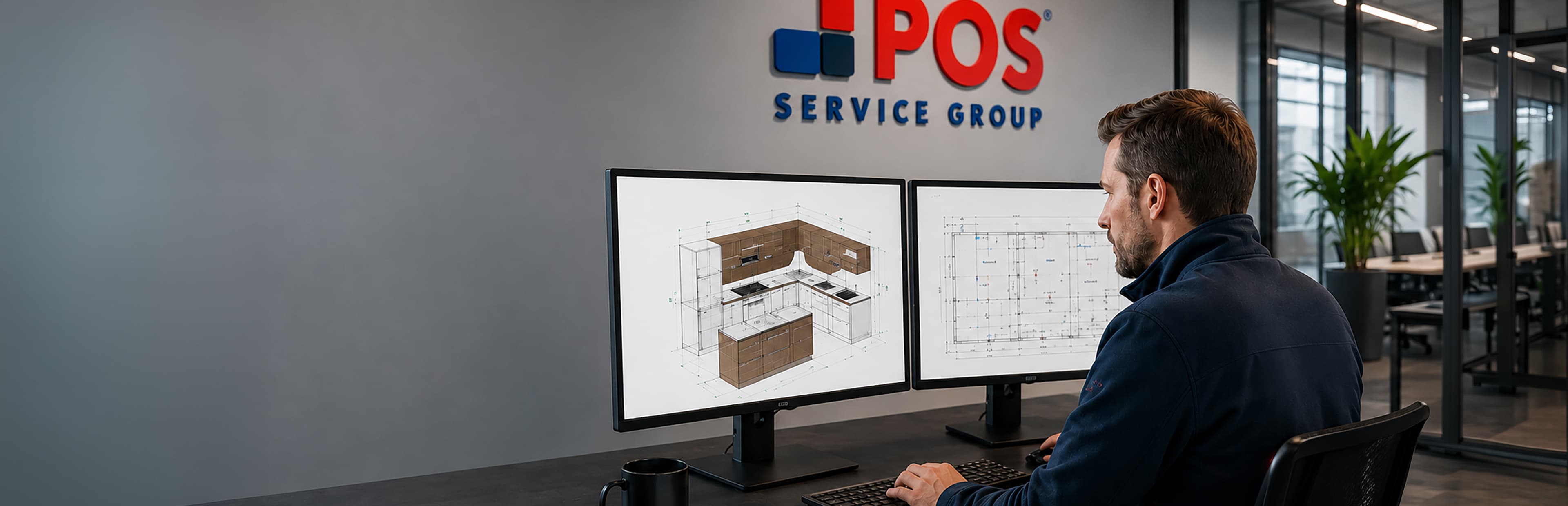 A man sits at a desk working on two monitors displaying architectural drawings in a modern office with a POS Service Group logo on the wall.
