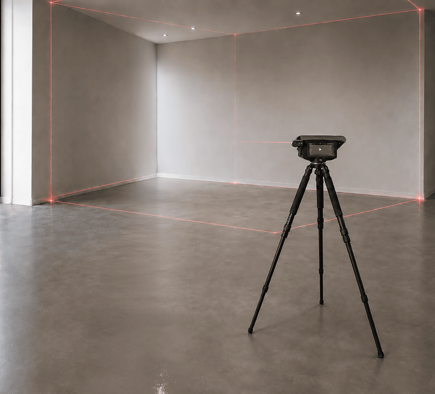 Een laserscanner op een statief staat in een lege, grijze ruimte en projecteert rode laserlijnen langs de muren, de vloer en het plafond om de afmetingen van de ruimte in kaart te brengen.
