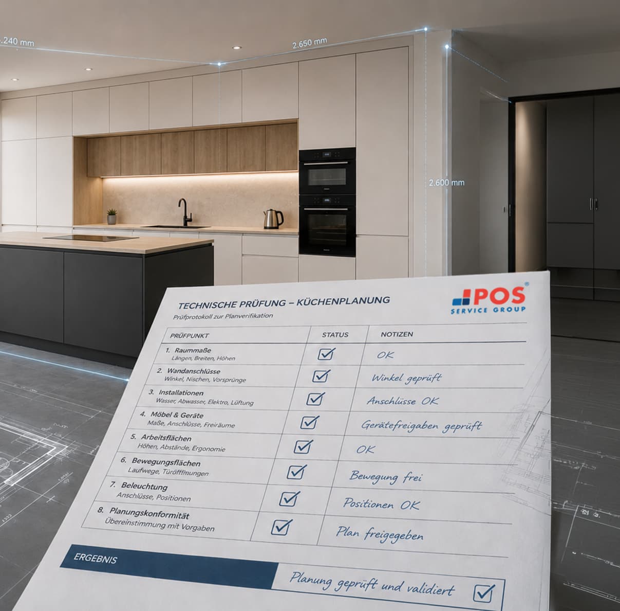 Een moderne keuken met inbouwapparatuur en op de voorgrond een checklist met technische ontwerppunten, waarvan de meeste zijn aangemerkt als ‘goedgekeurd’. Op de afbeelding zijn maatlijnen aangebracht die de afmetingen van de keuken aangeven.
