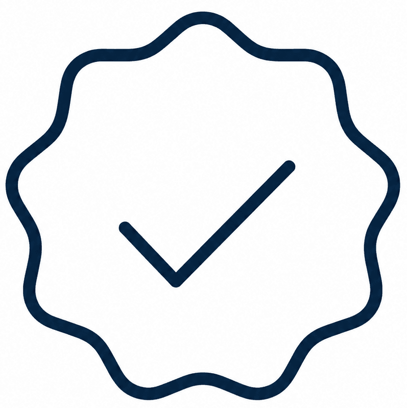 Een eenvoudige schets van een zegel met daarin een vinkje, dat staat voor verificatie of goedkeuring.
