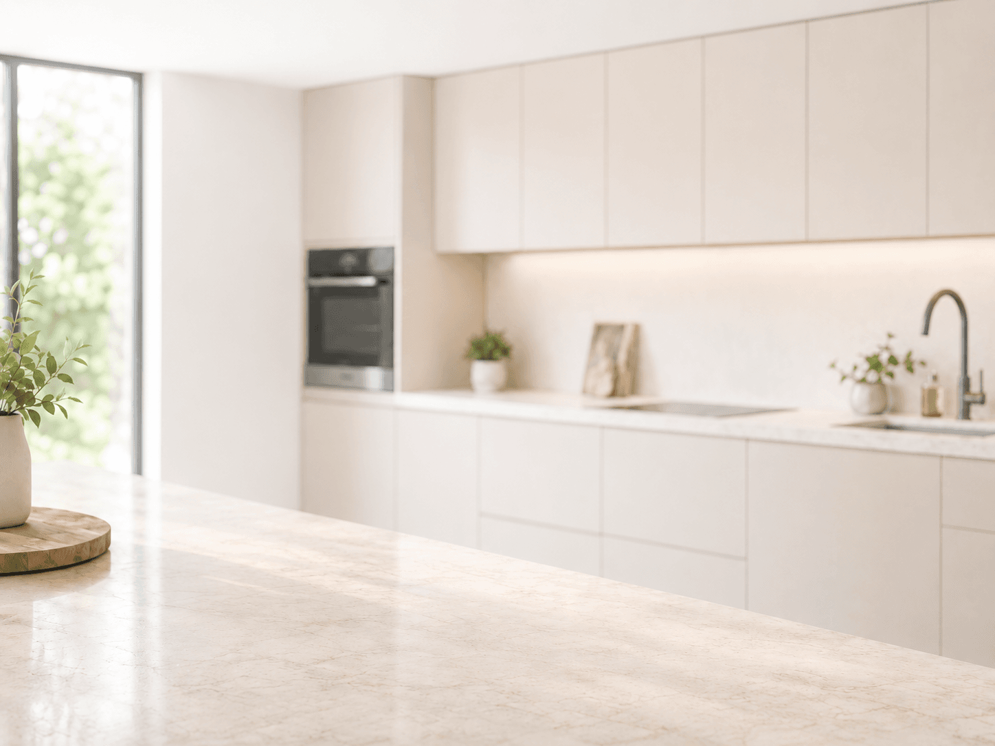Minimalistische keuken met lichtbeige kasten, een marmeren werkblad, een inbouwoven, een spoelbak en planten op het werkblad. Het zonlicht valt binnen door een groot raam aan de linkerkant, waardoor er een lichte, strakke sfeer ontstaat.