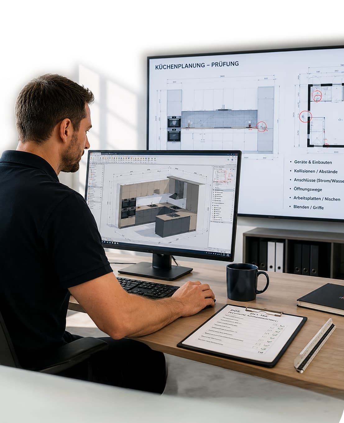 Een man zit aan een bureau en ontwerpt met behulp van een computer een keukenindeling. Op het bureau staan een groot beeldscherm en een klembord met aantekeningen. Op een groot scherm achter hem worden de ontwerpen voor de keuken weergegeven.