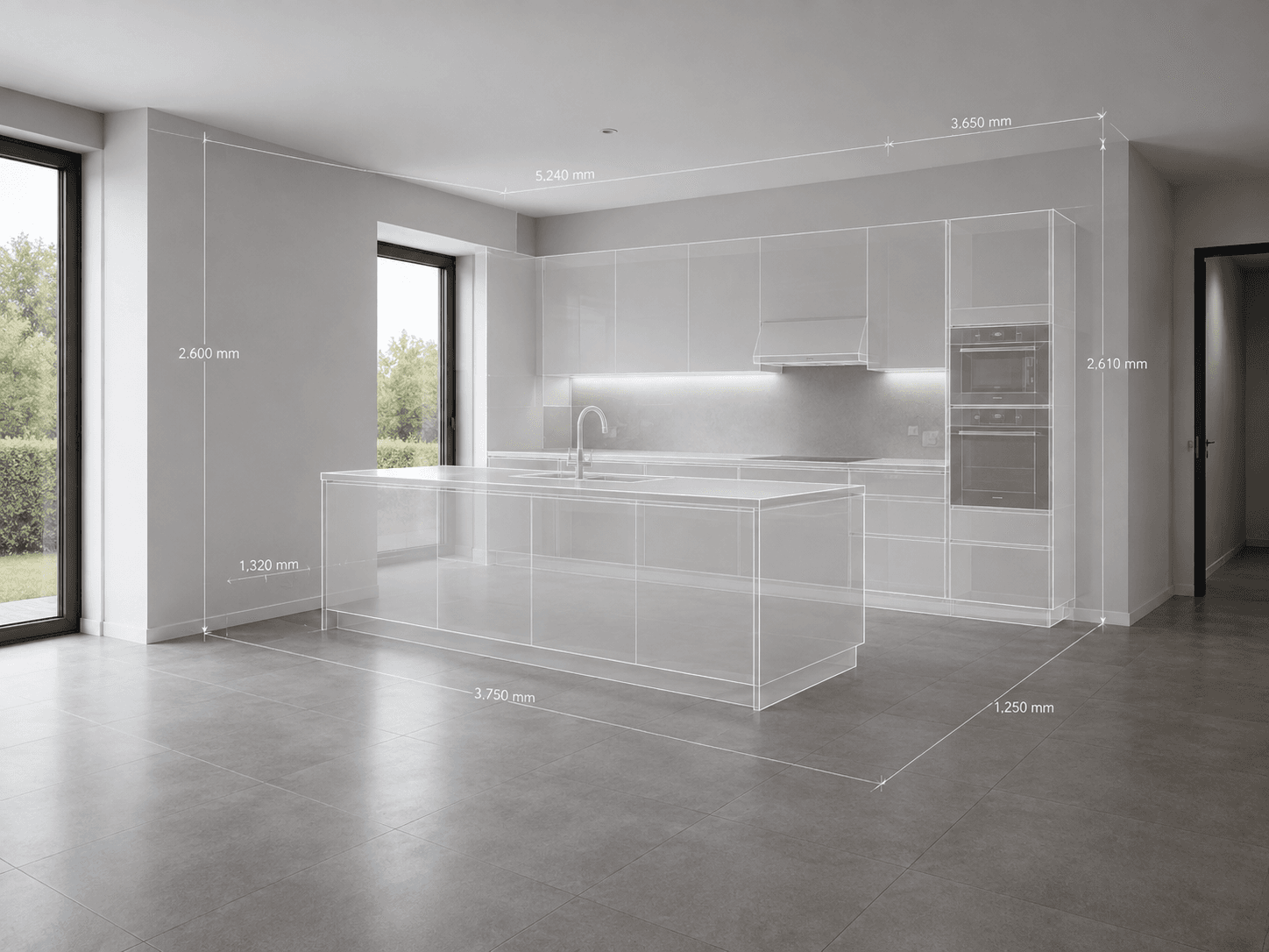 Minimalistische keuken met een grijze tegelvloer, grote ramen en moderne witte kasten. Door de ruimte lopen transparante lijnen en maatvermeldingen, die de afmetingen van de keuken in millimeters aangeven.