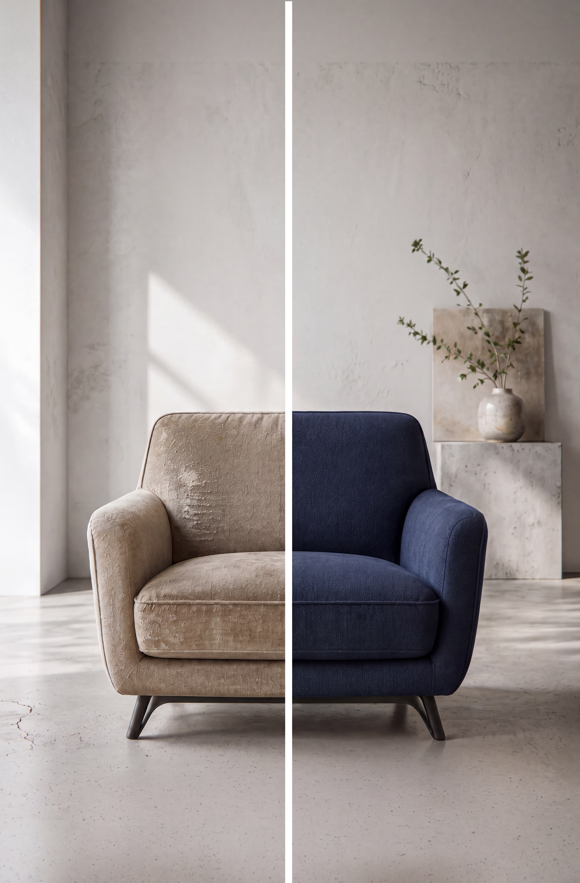 Ein Sofa mit zwei unterschiedlichen Polsterungen – die linke Hälfte ist mit beigem Stoff bezogen, die rechte Hälfte mit marineblauem – steht in einem minimalistisch eingerichteten Raum mit einer grauen Wand und einer Keramikvase mit Zweigen im Hintergrund.