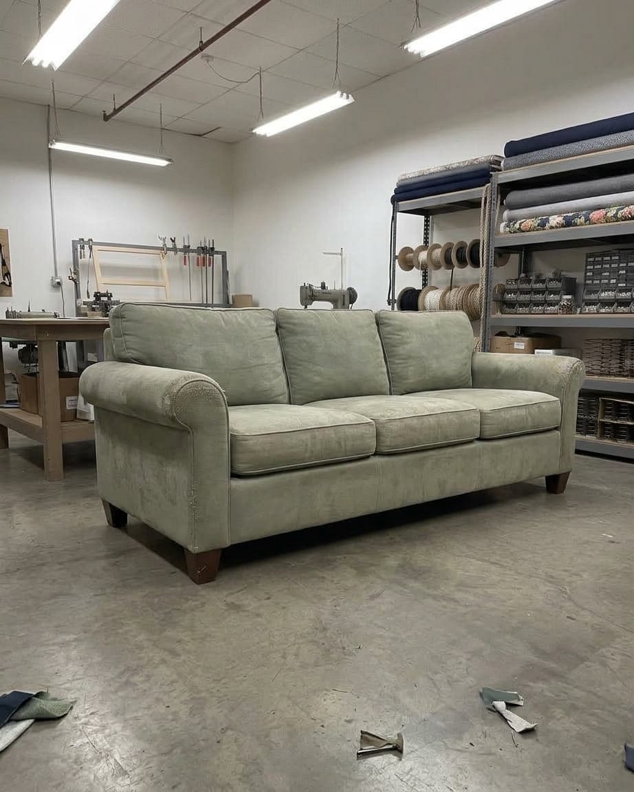 In einer Werkstatt steht ein hellgrünes Sofa mit drei Kissen; im Hintergrund sind Regale mit Stoffrollen, Werkzeugen und Arbeitsmaterialien zu sehen. Helle Deckenleuchten erhellen den Arbeitsbereich.